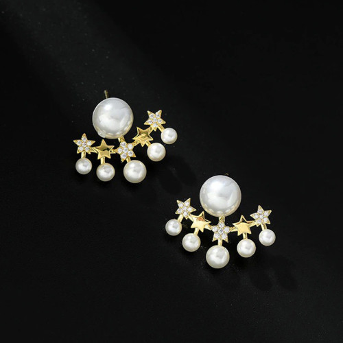 Arihant Gold Plated Korean Five-Stars AD Pearl Stud Earrings