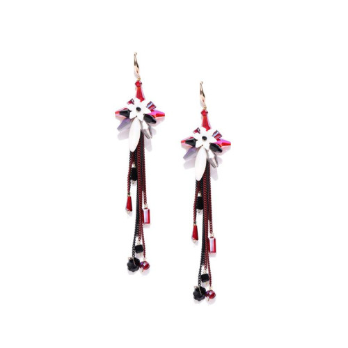 Gold Plated Contemporary Red Floral Chain Tassel Earrings 9526