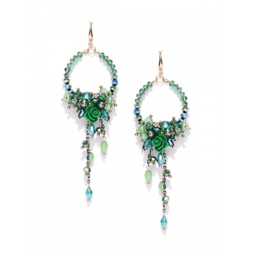 Gold Plated Contemporary Green Floral Chain Tassel Earrings 9534