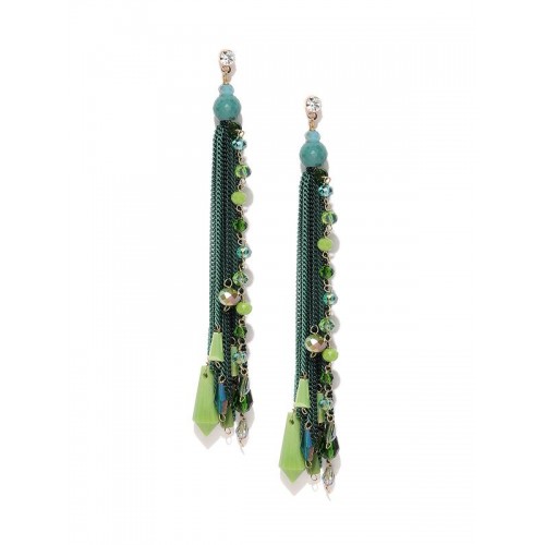 Gold Plated Contemporary Green Chain Tassel Earrin...