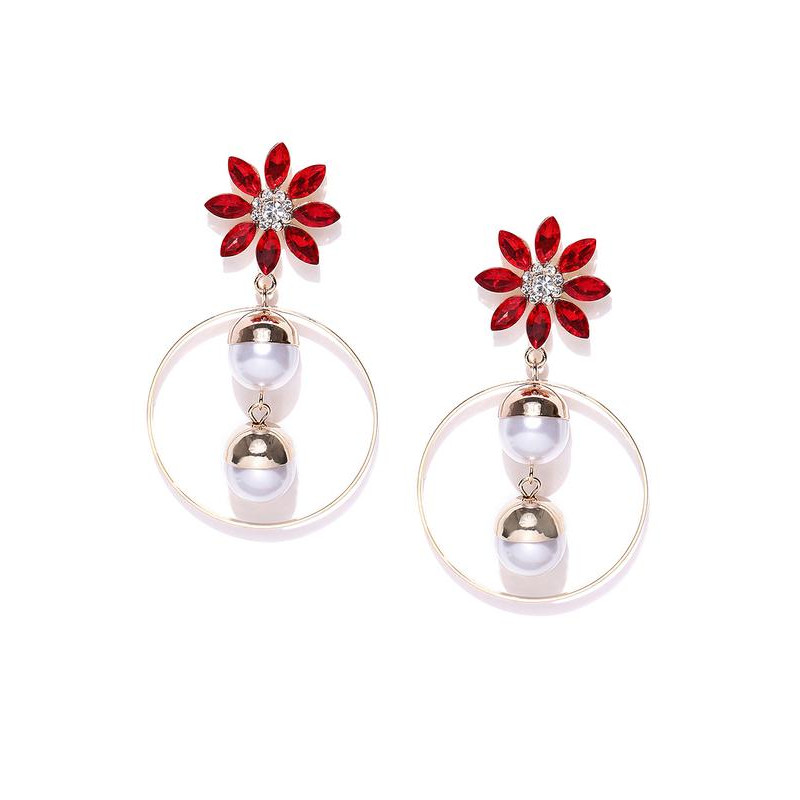 Gold Plated Floral Red Drop Earrings 9582