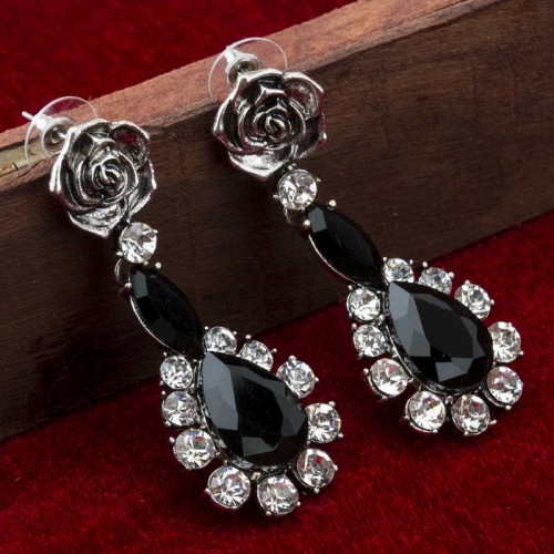 Platinum Plated Designer Black American Diamond Drop Earrings 9587