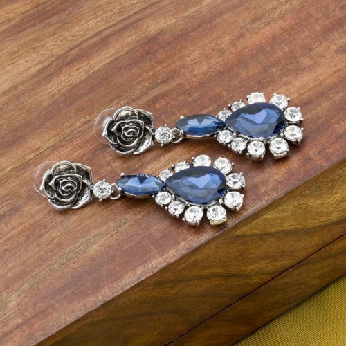 Platinum Plated Designer Blue American Diamond Drop Earrings 9588