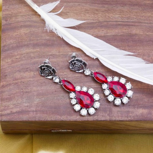 Platinum Plated Designer Red American Diamond Drop Earrings 9589