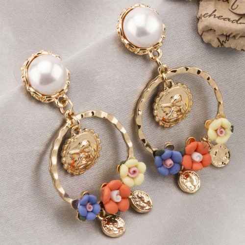 Gold Plated Handcrafted Coin Art Floral Pearl Drop Earrings 9595