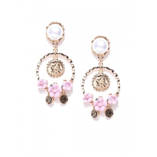 Gold Plated Handcrafted Coin Art Floral Pearl Drop Earrings 9596