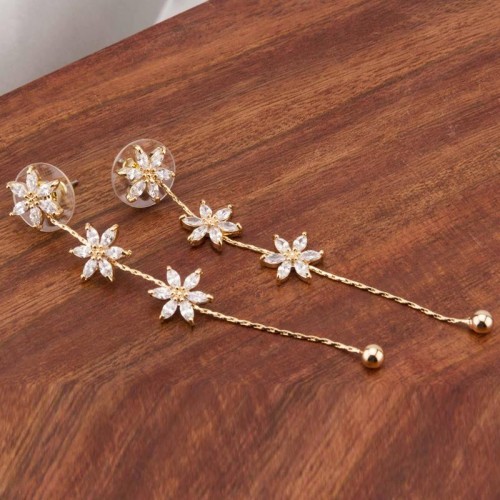 Gold Plated Contemporary Floral AD Drop Earrings 9634