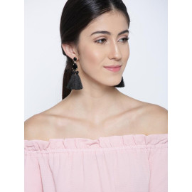 Gold Plated Handcrafted Dual Stone Black Tassel Earrings 9694