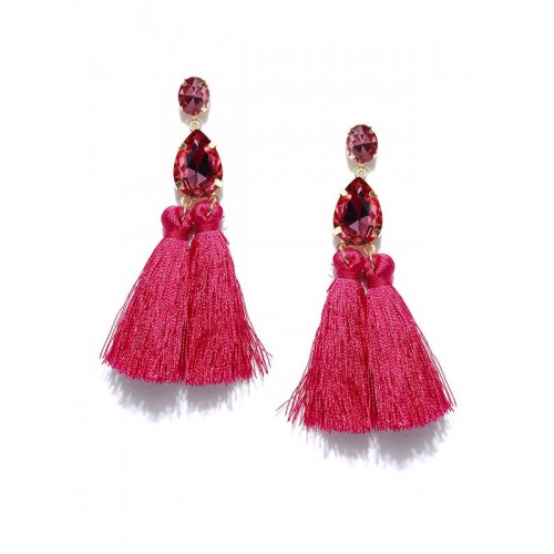 Gold Plated Handcrafted Dual Stone Pink Tassel Ear...
