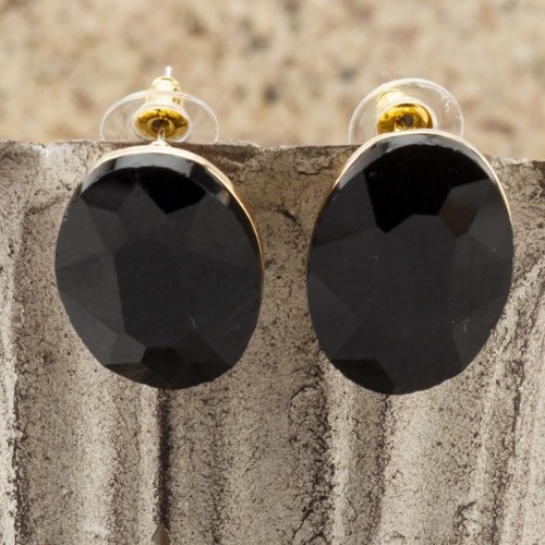 Black Gold-Plated Oval Stone Studs 9829