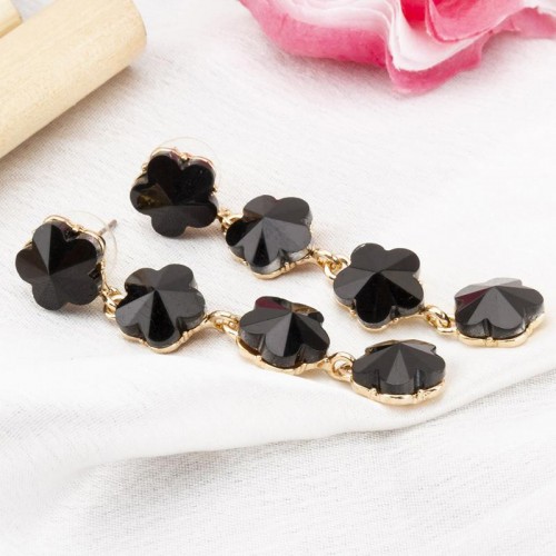 Black Gold-Plated Stone-Studded Floral Drop Earrin...