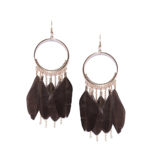 Brown Gold-Plated Feather Shaped Drop Earrings 985...