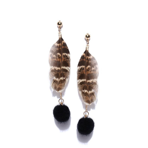 Black & Brown Gold-Plated Feather Shaped Drop ...