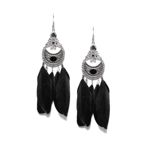 Oxidised Silver-Plated & Black Feather Shaped ...