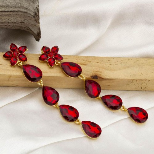 Gold-Plated Red Stone-Studded Teardrop Shaped Drop Earrings 9872