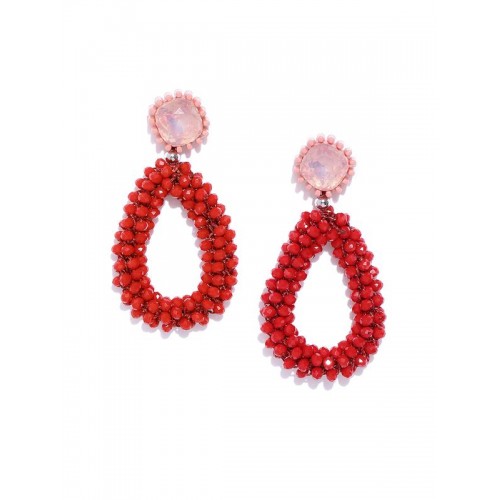 Arihant Red & Peach-Coloured Beaded Handcrafted Teardrop Shaped Drop Earrings 9873