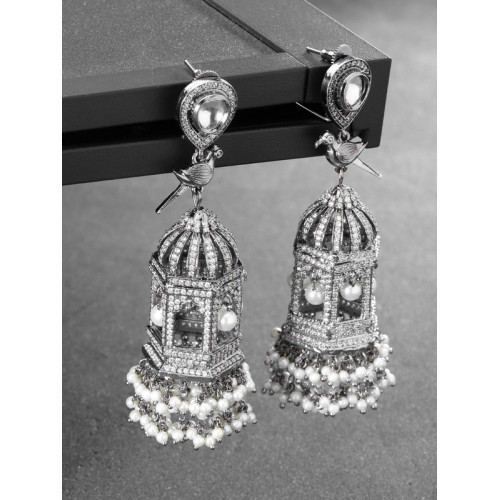 Arihant Designer Jewellery Gunmetal-Toned & Off-White Rhodium-Plated Handcrafted Jhumkas 64022