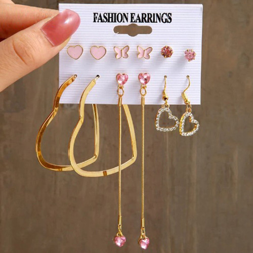 Arihant Gold Plated Heart inspired Pink and Gold Earrings Combo of Studs and Drop Earrings