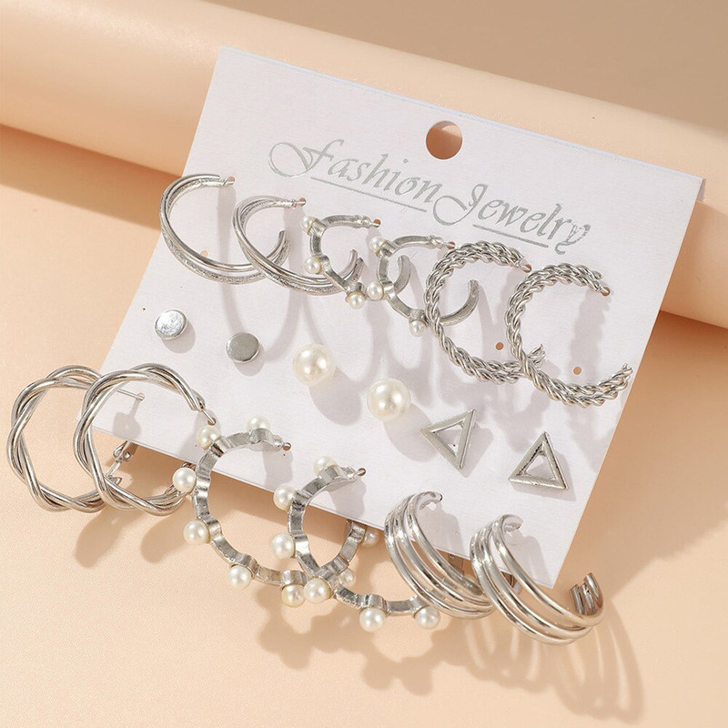 Arihant Silver Plated Silver-Toned Contemporary Hoop Earrings Set of 9