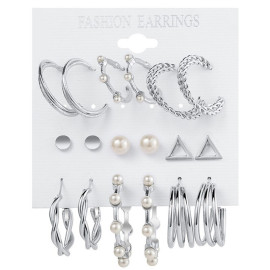 Arihant Silver Plated Silver-Toned Contemporary Hoop Earrings Set of 9
