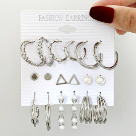 Arihant Silver Plated Silver-Toned Contemporary Hoop Earrings Set of 9