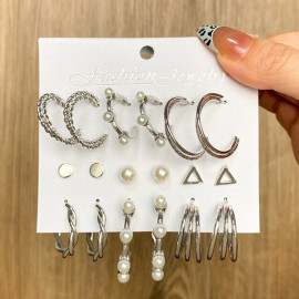 Arihant Silver Plated Silver-Toned Contemporary Hoop Earrings Set of 9