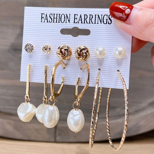 Arihant Gold Plated Gold-Toned White Studs, Hoops and Drop Earrings Set of 6