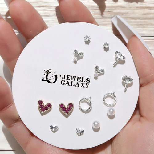 Arihant Silver Plated Hearts inspired White Silver Toned Pearl Studded Studs Earrings Combo For Women/Girls (Pack of 7)