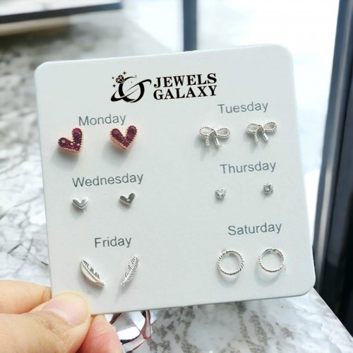 Arihant Silver Plated Hearts inspired Multicolor Silver Toned Pearl Studded Studs Earrings Combo For Women/Girls (Pack of 6)