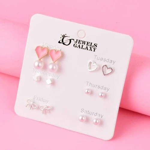 Arihant Silver Plated Hearts inspired Multicolor Silver Toned Pearl Studded Studs Earrings Combo For Women/Girls (Pack of 7)