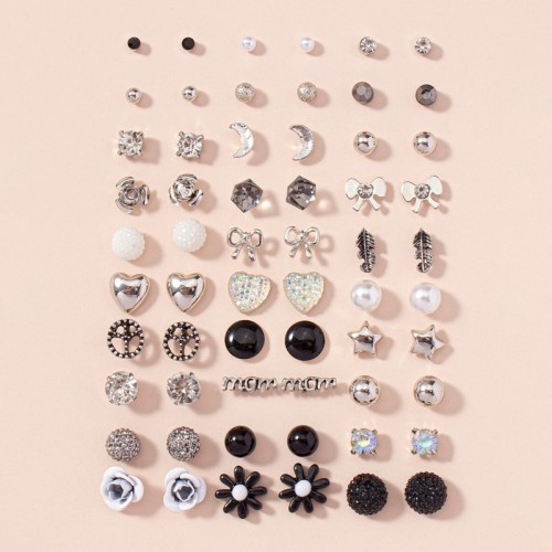 Arihant Jewellery For Women Silver Plated Black & White Studs Combo of 30 Pair