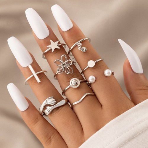 Arihant Women Set of 9 Silver Plated Adjustable Hug-Floral Finger Ring