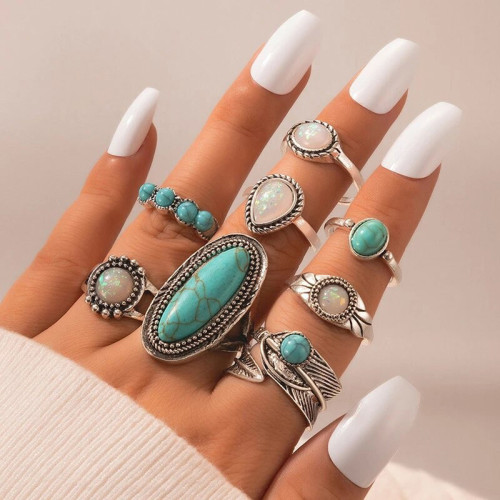 Arihant Women Set of 8 Silver Plated Turquoise Contemporary Finger Ring