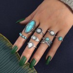 Arihant Women Set of 8 Silver Plated Turquoise Contemporary Finger Ring