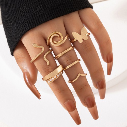 Arihant Gold Plated Gold-Toned Butterfly-Snake inspired Stackable Rings Set of 7