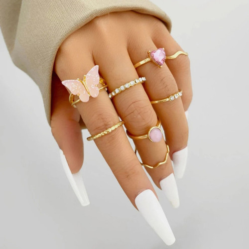 Arihant Gold Plated Pink Stone Studded Butterfly Stackable Rings Set of 8