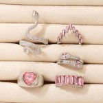 Arihant Silver Plated Pink Stone Studded Heart-Snake inspired Stackable Rings Set of 5