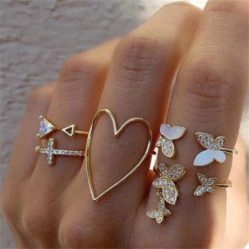 Arihant Gold Plated Contemporary Butterfly-Heart Stackable Rings Set of 5
