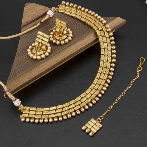Arihant Gold Bar Design Pearl Antique Necklace Set with Maang Tika 12462