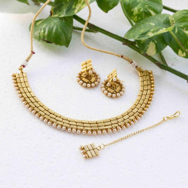 Arihant Gold Bar Design Pearl Antique Necklace Set with Maang Tika 12462