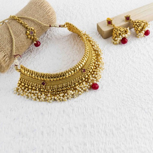Arihant Ruby-Pearl Antique Necklace Set with Maang...