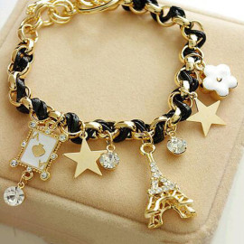 Arihant Gold Plated Black and White Eiffel theme Charm Bracelet