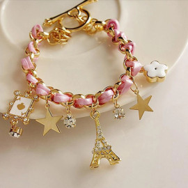 Arihant Gold Plated Pink and White Eiffel theme Charm Bracelet