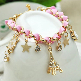 Arihant Gold Plated Pink and White Eiffel theme Charm Bracelet