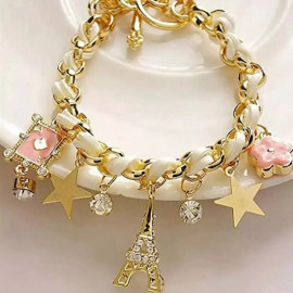 Arihant Gold Plated White and Pink Eiffel theme Charm Bracelet