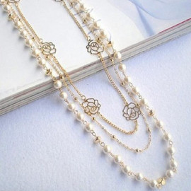Arihant Gold Plated Pearl Studded Long Floral Layered Necklace