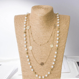 Arihant Gold Plated Pearl Studded Long Floral Layered Necklace