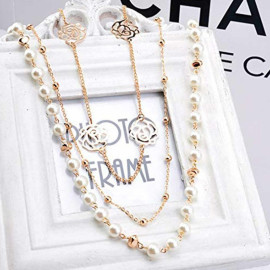 Arihant Gold Plated Pearl Studded Long Floral Layered Necklace
