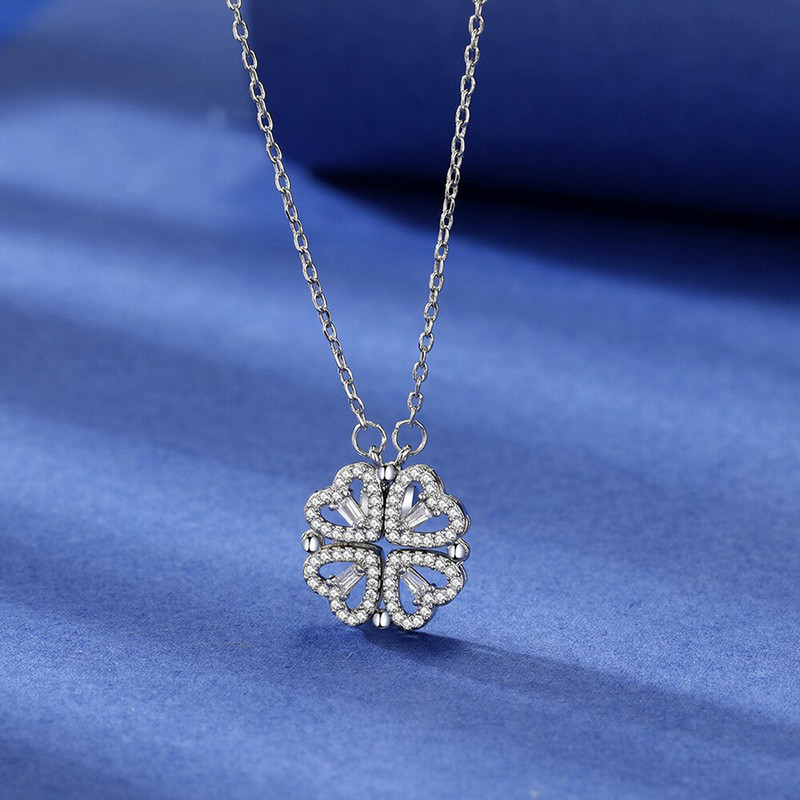Arihant Four Leaves & Hearts Clover Design Openable Magnet Silver Plated Pendant with Chain