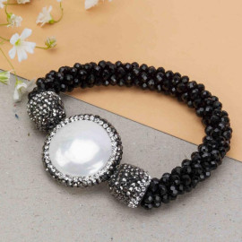 Arihant Black & Off-White Beaded & Stone-Studded Elasticated Bracelet 17168